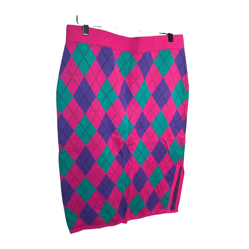NY&C Argyle Knit Midi Pencil Skirt Side‎ Slit Pull-On Pink/Multi Womens Sz L NWT